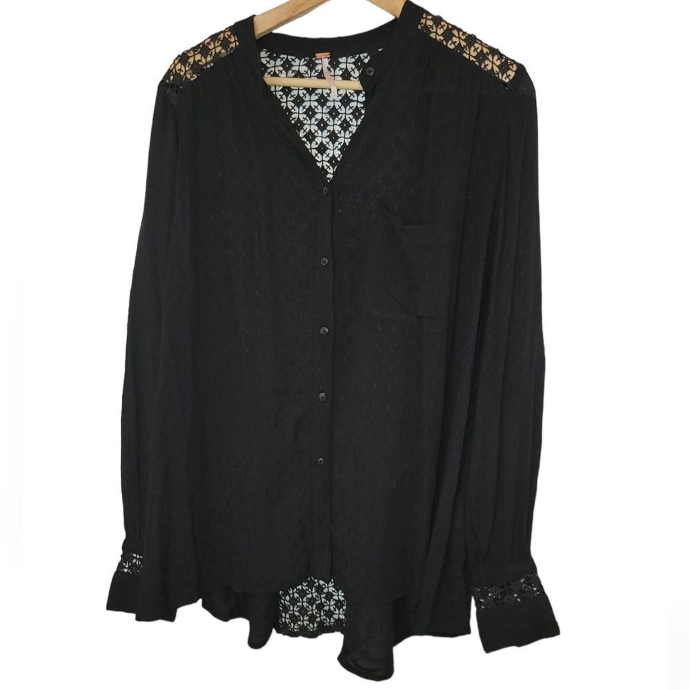 Free People Black Oversized Crochet Blouse Size Small